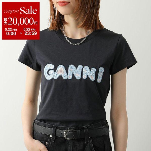 GANNI ガニー Tシャツ Basic Cotton Jersey Baby Fit A1050179 11026 レディース カットソー ミニT ロゴ刺繍 フラワー コットン クルーネックの画像