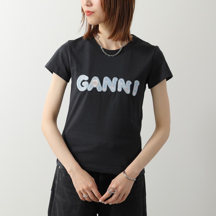 GANNI ガニー Tシャツ Basic Cotton Jersey Baby Fit A1050179 11026 レディース カットソー ミニT ロゴ刺繍 フラワー コットン クルーネックの画像