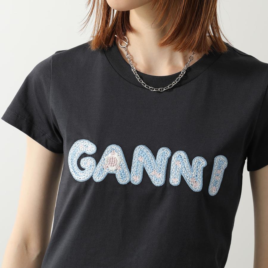 GANNI ガニー Tシャツ Basic Cotton Jersey Baby Fit A1050179 11026 レディース カットソー ミニT ロゴ刺繍 フラワー コットン クルーネックの画像