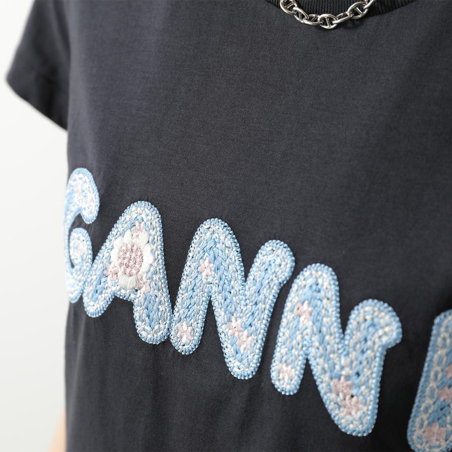 GANNI ガニー Tシャツ Basic Cotton Jersey Baby Fit A1050179 11026 レディース カットソー ミニT ロゴ刺繍 フラワー コットン クルーネックの画像