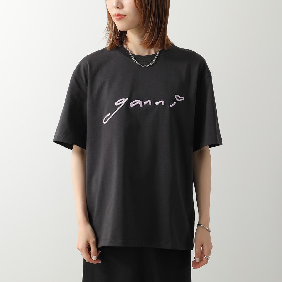 GANNI ガニー Tシャツ Heavy cotton Jersey A1050187 11038 レディース カットソー ロゴ刺繍 コットン クルーネックの画像