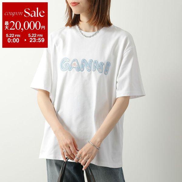 GANNI ガニー Tシャツ Heavy cotton Jersey A1050188 11038 レディース カットソー ロゴ刺繍 フラワー コットン クルーネックの画像