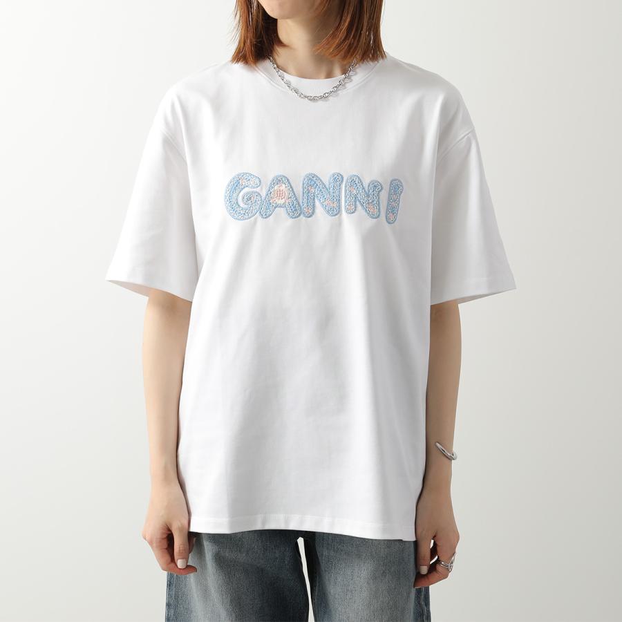 GANNI ガニー Tシャツ Heavy cotton Jersey A1050188 11038 レディース カットソー ロゴ刺繍 フラワー コットン クルーネックの画像