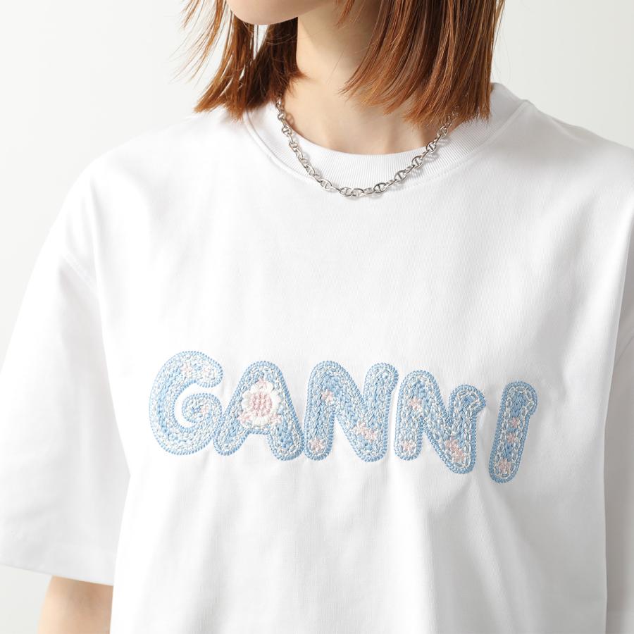 GANNI ガニー Tシャツ Heavy cotton Jersey A1050188 11038 レディース カットソー ロゴ刺繍 フラワー コットン クルーネックの画像