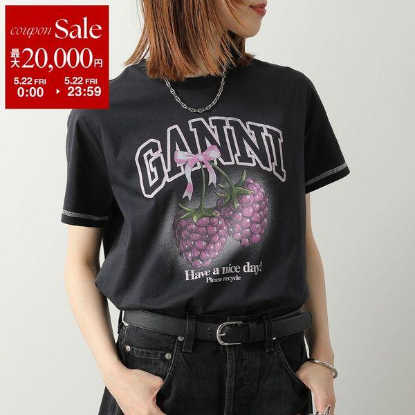 GANNI ガニー Tシャツ Basic Cotton Jersey Raspberry Print A1050219 11026 レディース カットソー ラズベリー プリント ロゴ コットン クルーネックの画像