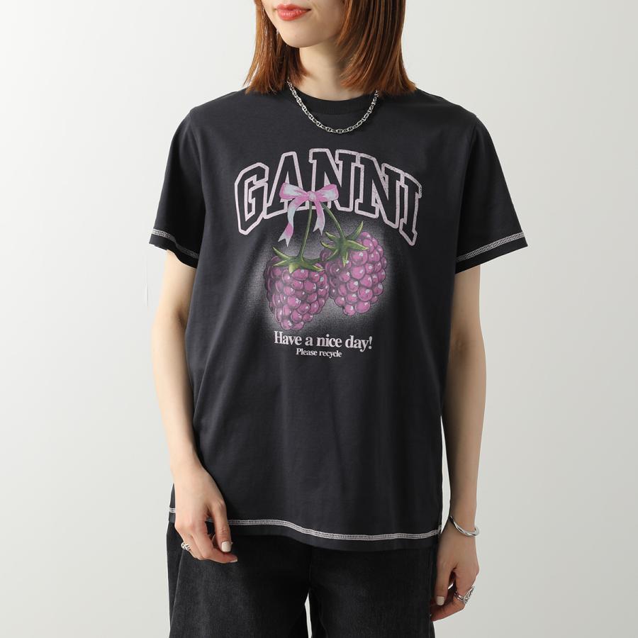 GANNI ガニー Tシャツ Basic Cotton Jersey Raspberry Print A1050219 11026 レディース カットソー ラズベリー プリント ロゴ コットン クルーネックの画像