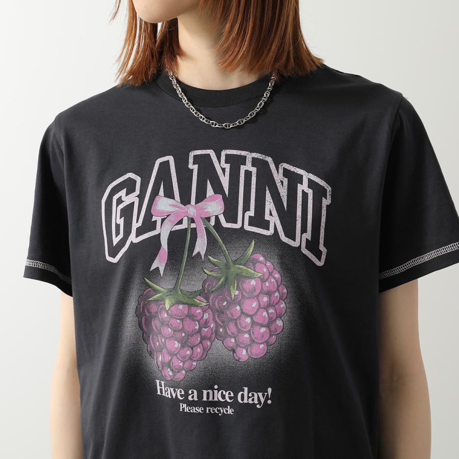 GANNI ガニー Tシャツ Basic Cotton Jersey Raspberry Print A1050219 11026 レディース カットソー ラズベリー プリント ロゴ コットン クルーネックの画像