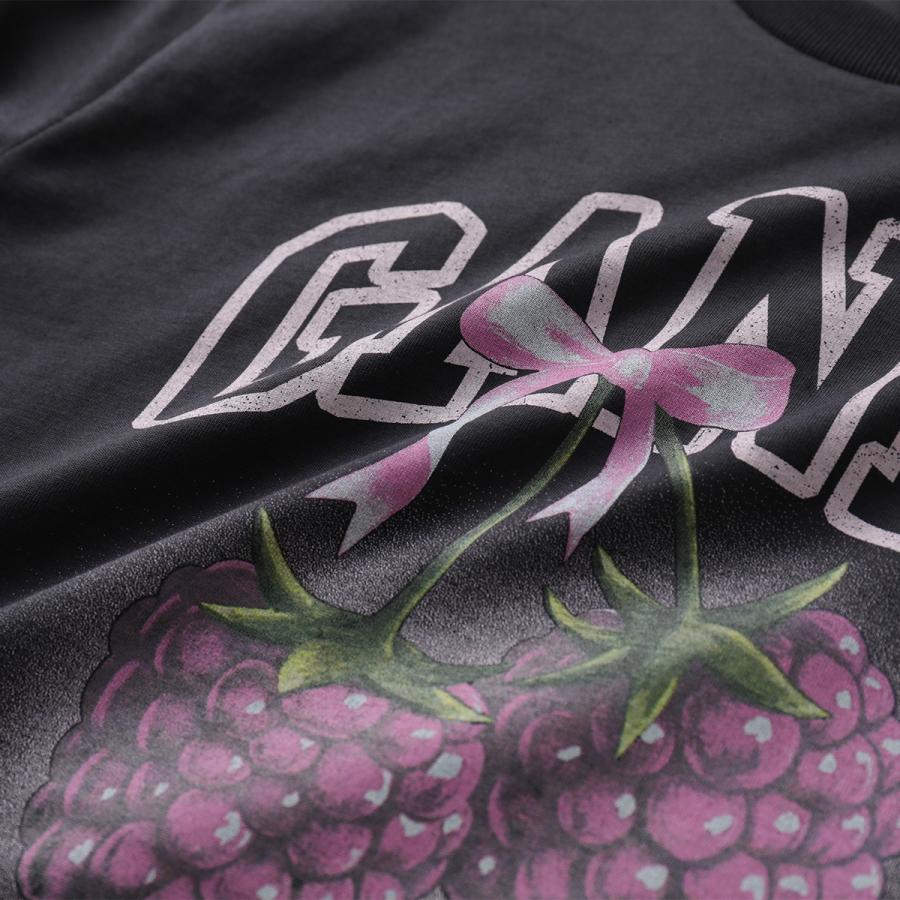 GANNI ガニー Tシャツ Basic Cotton Jersey Raspberry Print A1050219 11026 レディース カットソー ラズベリー プリント ロゴ コットン クルーネックの画像