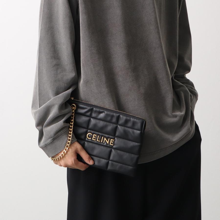 CELINE セリーヌ クラッチバッグ 10L583EWJ.38NO メンズ レザー  キルティング ロゴ チェーン リストレット付き ポーチ 鞄 ブラックの画像