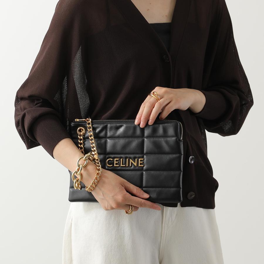 CELINE セリーヌ クラッチバッグ 10L583EWJ.38NO メンズ レザー  キルティング ロゴ チェーン リストレット付き ポーチ 鞄 ブラックの画像