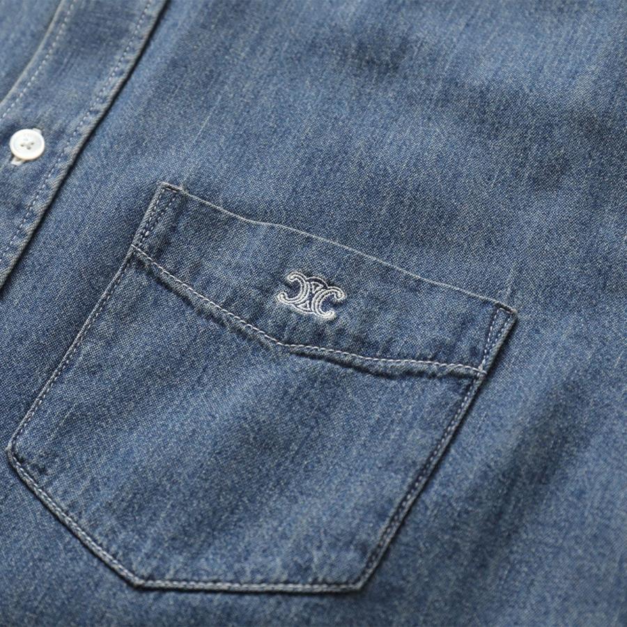 CELINE セリーヌ デニムシャツ RC0D7208I.07UO レディース 半袖 ショートスリーブシャツ コットン ブラウス トリオンフ刺繍 胸ポケット デニムブルーの画像