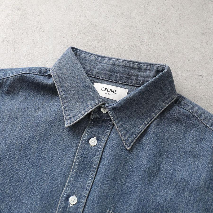 CELINE セリーヌ デニムシャツ RC0D7208I.07UO レディース 半袖 ショートスリーブシャツ コットン ブラウス トリオンフ刺繍 胸ポケット デニムブルーの画像