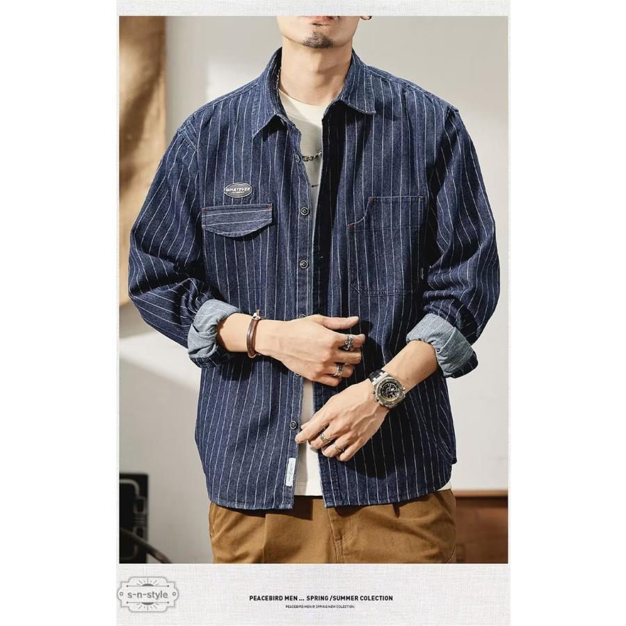 シャツ メンズ デニムシャツ メンズシャツ 長袖シャツ ストライプ