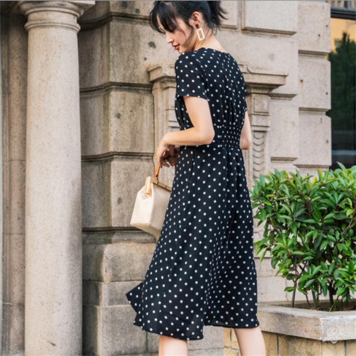 高品質！ワンピース 半袖ワンピース シフォンワンピース ドット ひざ丈