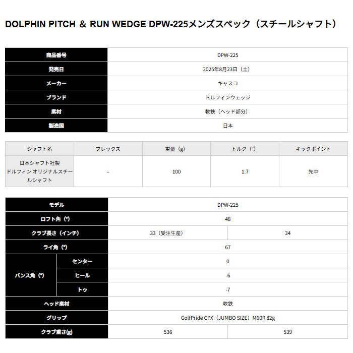 キャスコ ドルフィン ウェッジ メンズスペック DOLPHIN WEDGE DRW-225／DPW-225／DFW-225 オリジナル スチールシャフト 34インチ 2025年モデル kasco GOLFの画像