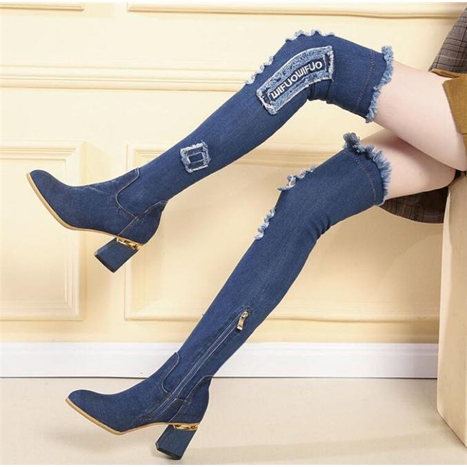 ブーツ レディース デニム ロングブーツ デニムブーツ ハイヒール 美脚 秋 冬 シューズ 靴 One Deux 通販 Yahoo ショッピング