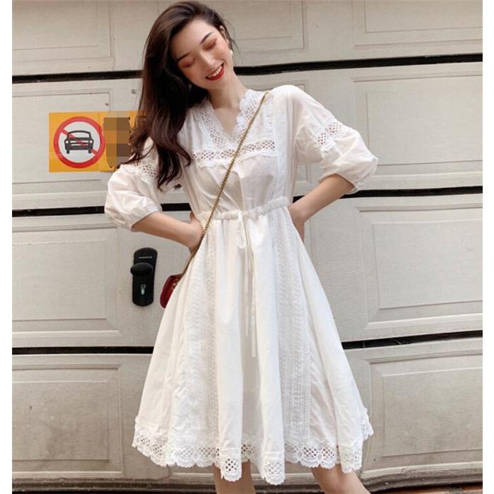 レース付き ワンピース 白 レディース ｖネック ワンピ シンプル 体型カバー 21 春 One Deux 通販 Yahoo ショッピング