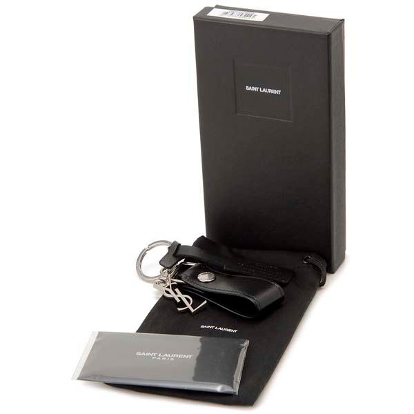 美品、紙袋付き】SAINT LAURENT ブラックレザーキーホルダー