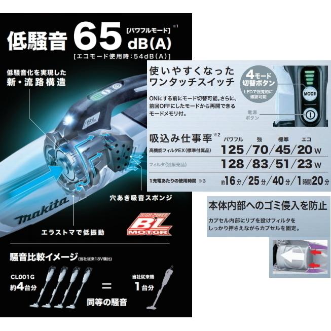 マキタ 充電クリーナー 40Vmax サイクロン一体式 CL003GZW ホワイト バッテリー BL4025 充電器 DC40RA 純正アタッチメント 消耗品 完全セット CL003GRDW｜s-waza｜02