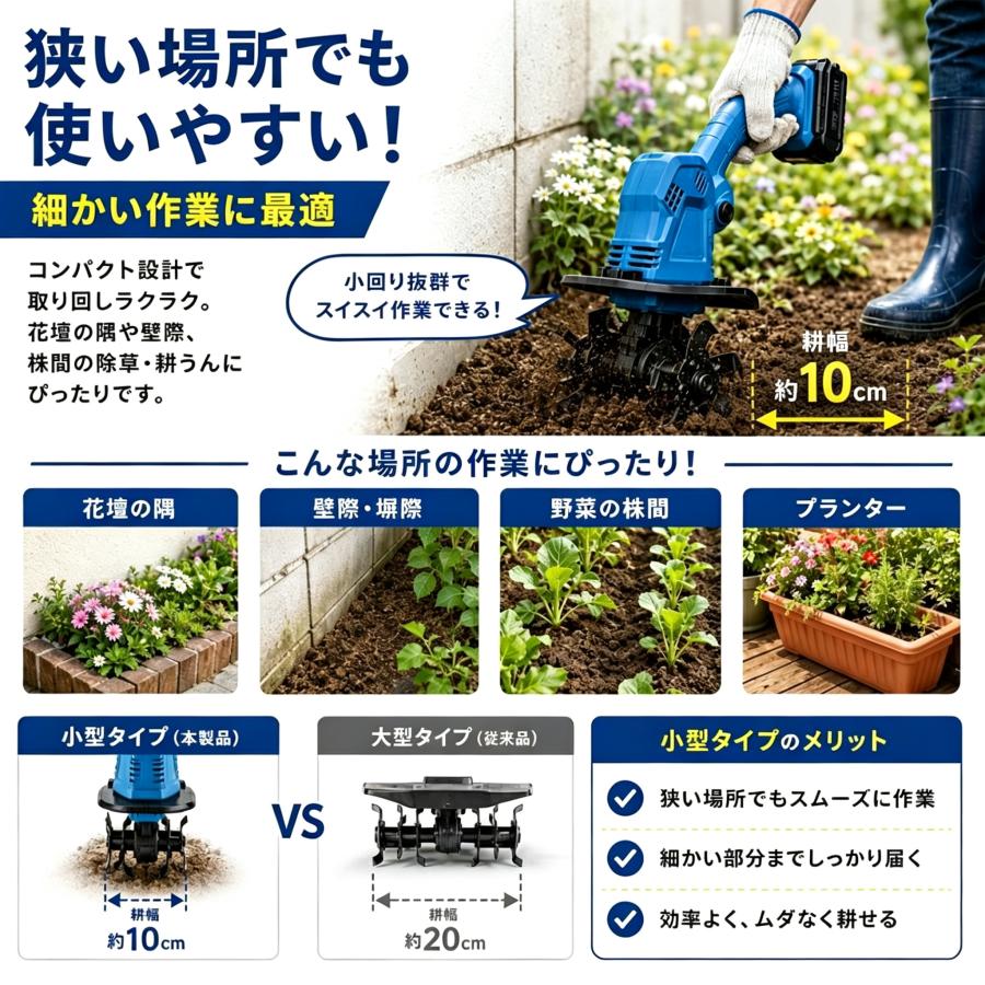 耕運機 充電式 耕うん機 ミニ耕耘機 菜園 ガーデニング コードレス 軽量 安全設計 低騒音 伸縮式 マキタバッテリー互換 初心者 女性 シニア 土ほぐし プランター |  | 11