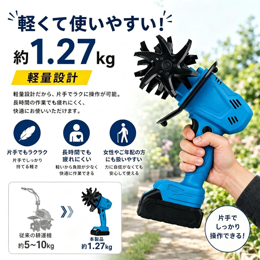 耕運機 充電式 耕うん機 ミニ耕耘機 菜園 ガーデニング コードレス 軽量 安全設計 低騒音 伸縮式 マキタバッテリー互換 初心者 女性 シニア 土ほぐし プランター |  | 12