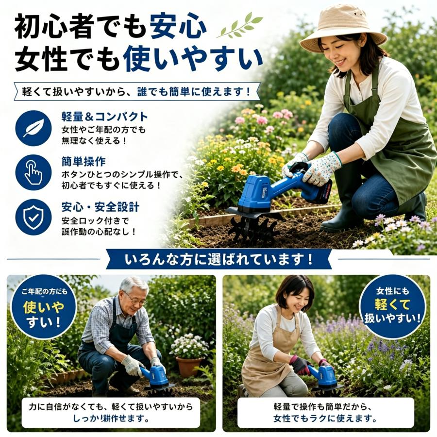耕運機 充電式 耕うん機 ミニ耕耘機 菜園 ガーデニング コードレス 軽量 安全設計 低騒音 伸縮式 マキタバッテリー互換 初心者 女性 シニア 土ほぐし プランター |  | 13