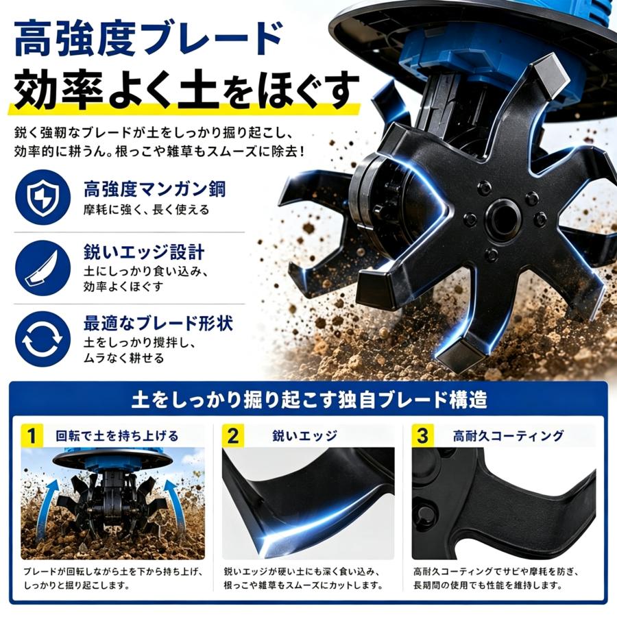 耕運機 充電式 耕うん機 ミニ耕耘機 菜園 ガーデニング コードレス 軽量 安全設計 低騒音 伸縮式 マキタバッテリー互換 初心者 女性 シニア 土ほぐし プランター |  | 05