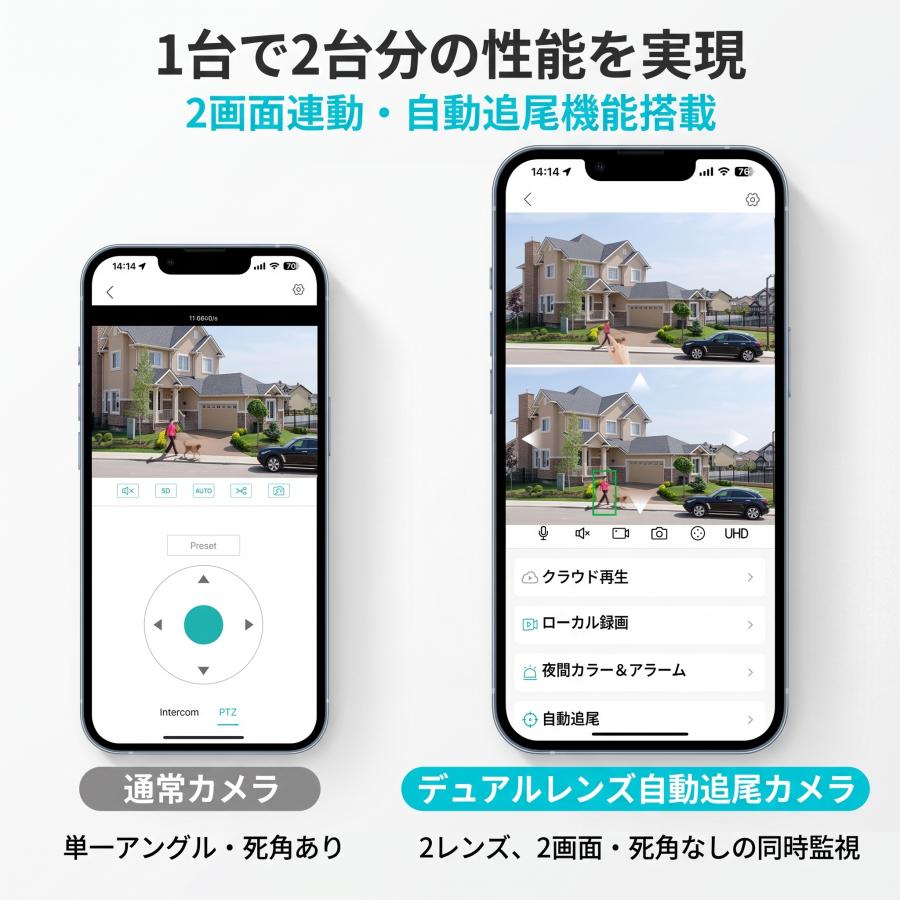 防犯カメラ 屋外 600万画素 WiFi 2画面 PTZ 首振り 355度 AI自動追尾 赤青警告灯 フルカラー夜間 アンテナ 双方向通話 工事不要 IP66防水 |  | 18