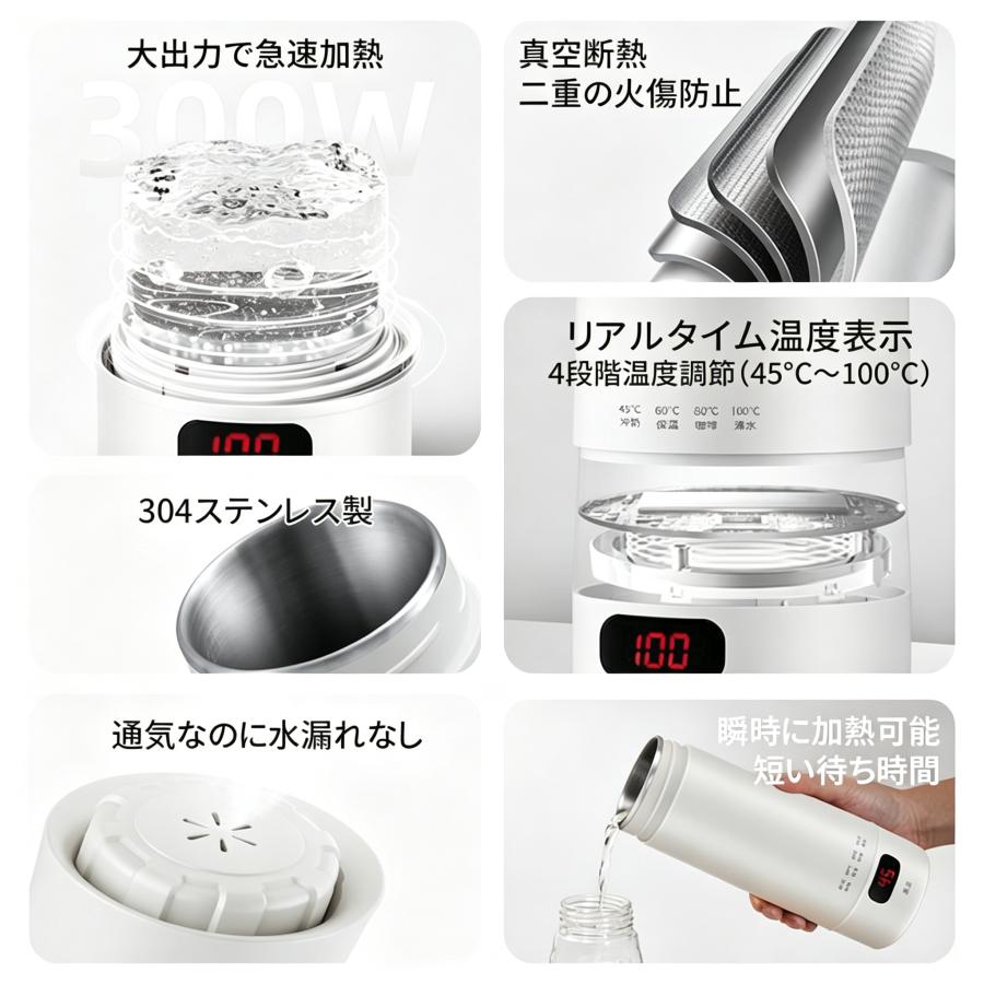 小型電気水筒 持ち運べる電気ケトル 400ml 4 段階温度設定  保温 軽量コンパクト 横置きしても漏れない 旅行・キャンプ・車中泊・一人暮らしに304ステンレス製 |  | 01