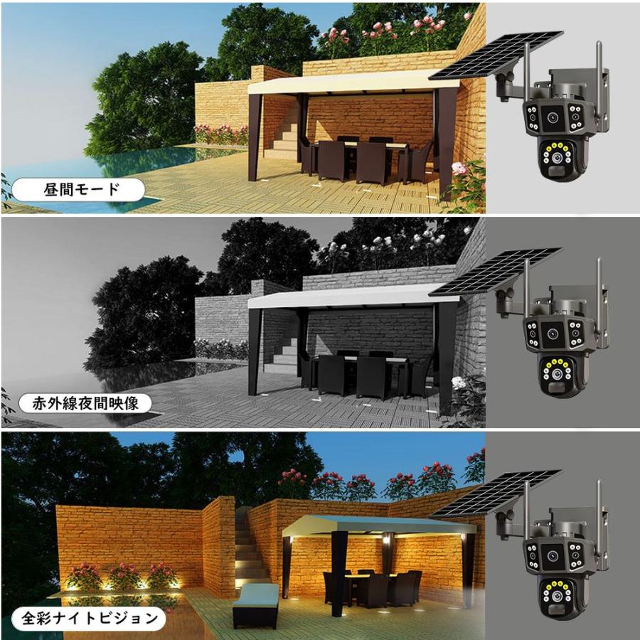 防犯カメラ 屋外 ソーラー 600万画素 wifi 充電式 ワイヤレス 三画面表示 自動追跡 音声通 動作検知 赤外線夜視 6+4+4MP画素 防水 工事不要 お手入れ簡単 高齢者 |  | 03