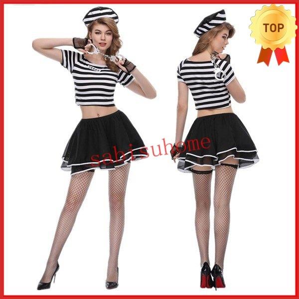 ハロウィン 囚人服 コスプレ 衣装 囚人 コスチューム 仮装 囚女 監獄服 ボーダーTシャツ 半袖 大人用 halloween 【公式】 〔コスプレ〕 囚人服 代引不可