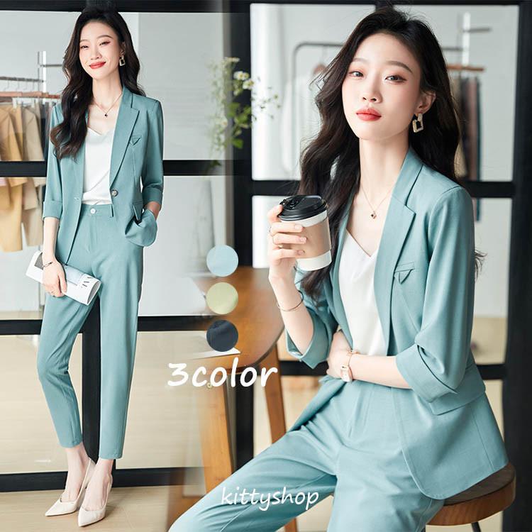 スーツ レディース パンツスーツ 2点セット 七分袖 スーツ ブラック