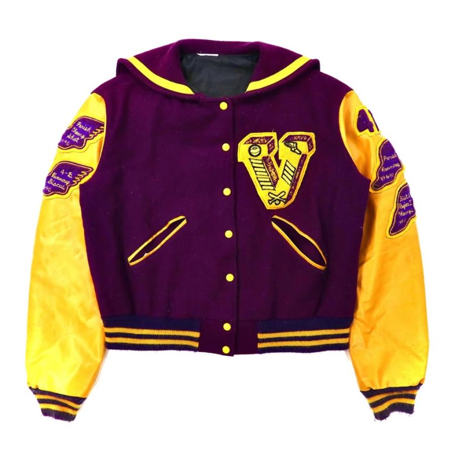 DELONG 袖レザー切り替えスタジャン XL パープル ウール セーラーカラー BELL'S SPORTING GOODS ワッペン 90年代 USA製 4276sabotenstore