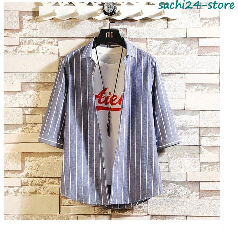 ストライプシャツ メンズ 夏服 開襟シャツ 五分袖シャツ カジュアルシャツ メンズシャツ 夏 サマー トップス｜sachi24-store｜03