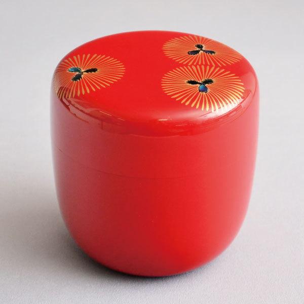 茶道具 蒔絵師 筑城筑良作 朱キンマ 中棗 共箱 V 9043 茶道具 蒔絵師