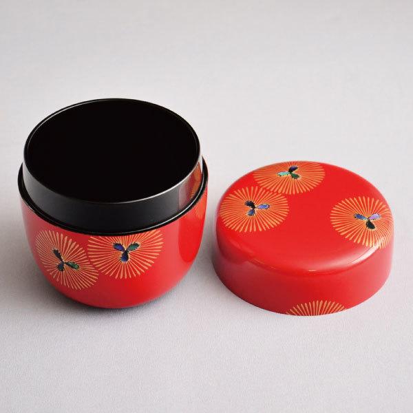 茶道具 棗 筑城筑良作 朱塗 紋唐松蒔絵大棗 木製・本漆塗・切合口