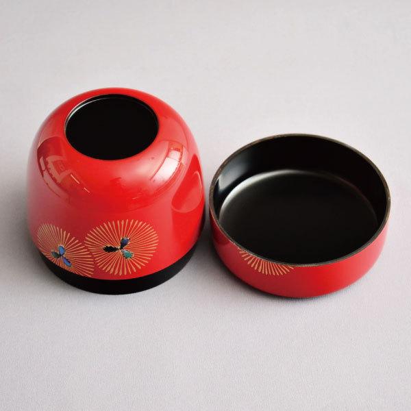 茶道具 棗 筑城筑良作 朱塗 紋唐松蒔絵大棗 木製・本漆塗・切合口