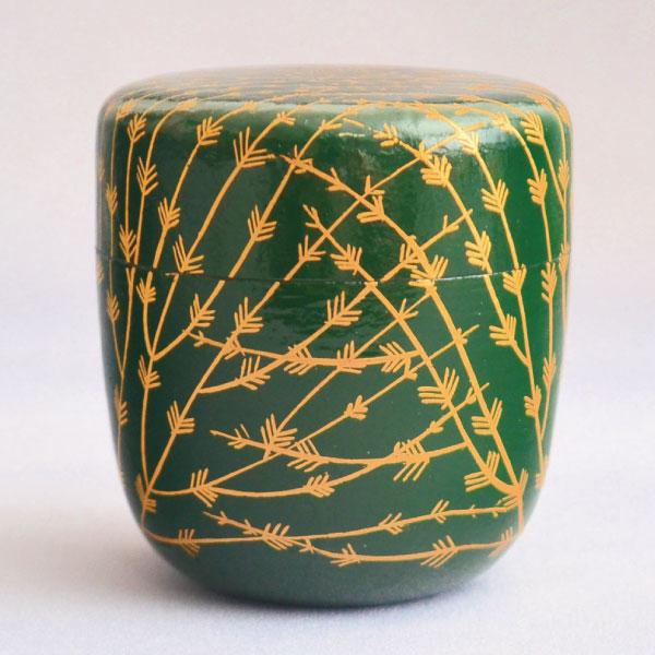 茶道具 棗 筑城筑良作 青漆和紙張 芽張柳蒔絵中棗 木製・本漆塗・切合