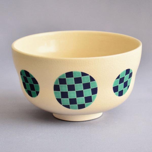 茶道具、茶碗、天目釉雲錦紋、寛山作、かの51番 茶碗 茶道具 加藤寛山 作 織部市松文茶碗(丸文) 麻の葉文茶碗包布