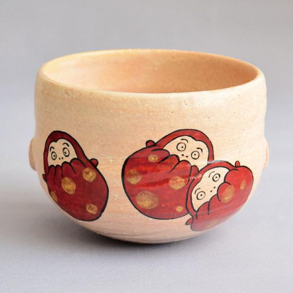 茶碗 茶道具 中村良二 作 灰釉達磨絵 耳付茶碗 七転び八起き : 茶道具