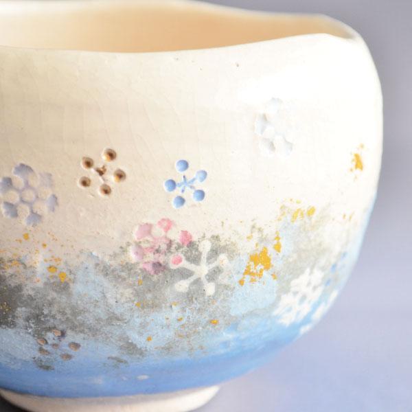 茶道具 茶碗 吉村楽入 作 白楽雪の結晶茶碗 ※窯ギレ有りの訳アリ品