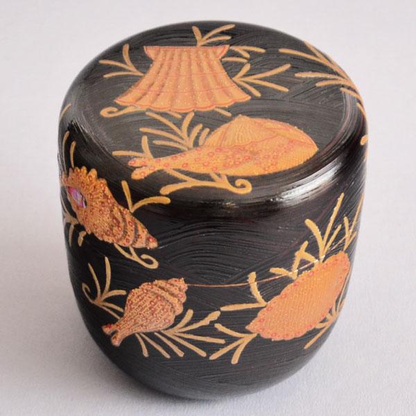 茶道具 棗 輪島塗 角仙石 作 波塗 海松貝蒔絵大棗 内銀地 木製・本漆塗