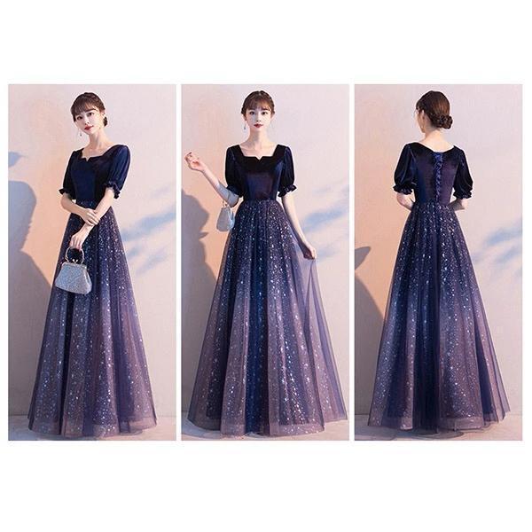 500円OFFクーポン 星空 キラキラドレス 大人 ピアノ発表会 ロングドレス 演奏会 THKJ 結婚式 母親 ドレス 黒 袖付き ロングワンピース 着回しやすい 人気_12