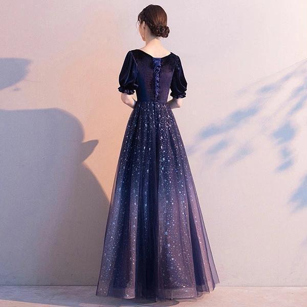 500円OFFクーポン 星空 キラキラドレス 大人 ピアノ発表会 ロングドレス 演奏会 THKJ 結婚式 母親 ドレス 黒 袖付き ロングワンピース 着回しやすい 人気_5