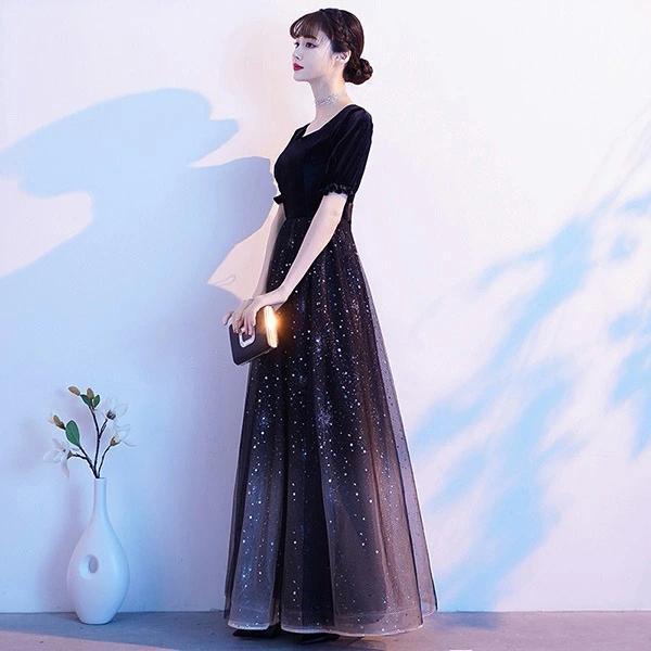 500円OFFクーポン 星空 キラキラドレス 大人 ピアノ発表会 ロングドレス 演奏会 THKJ 結婚式 母親 ドレス 黒 袖付き ロングワンピース 着回しやすい 人気_7