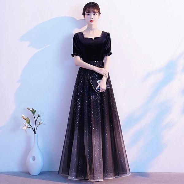 500円OFFクーポン 星空 キラキラドレス 大人 ピアノ発表会 ロングドレス 演奏会 THKJ 結婚式 母親 ドレス 黒 袖付き ロングワンピース 着回しやすい 人気_9