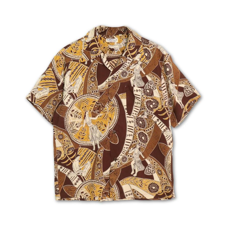 SUN SURF(サンサーフ) M品番 フラガール 総柄 オープンカラー 開襟 アロハシャツ ハワイアンシャツ サイズM 古着 ヴィンテージ の商品画像