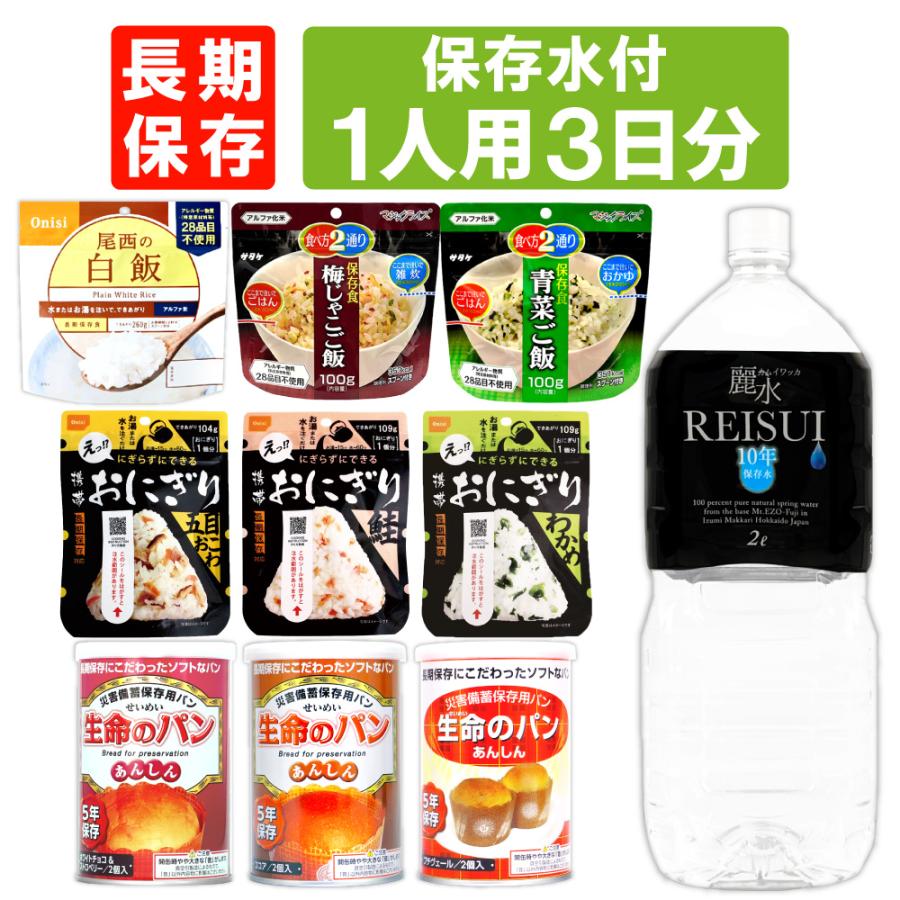 非常食セット 5年保存 1人用 3日分 9食 10年保存水付 アルファ米 パン缶詰（Yahoo!・防災グッズ 防災セット 災害備蓄品 ピースアップ）