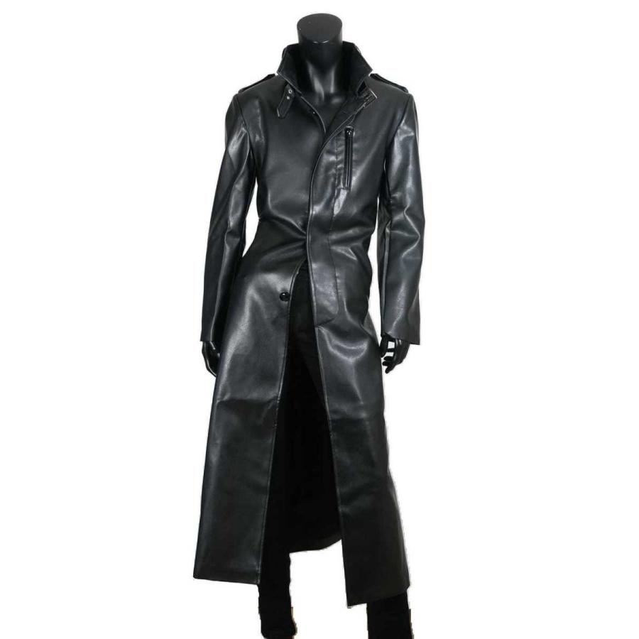 送料無料】メンズ PU レザー スタンドカラー ロング コート アウター