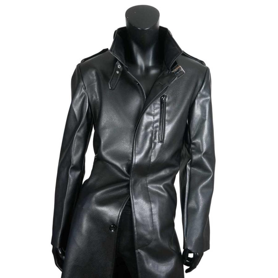 送料無料】メンズ PU レザー スタンドカラー ロング コート アウター